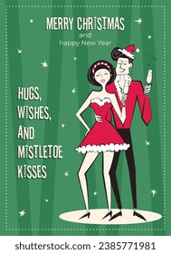 Merry Christmas and happy New Year greeting card. 60s-70s retro style poster with Christmas wishes text. Woman and man couple characters in red traditional costume, man in Santa Claus hat.