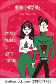 Merry Christmas and happy New Year greeting card. 60s-70s retro style poster with Christmas wishes text. Woman and man couple characters in ugly sweaters, holding hands.