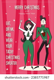 Merry Christmas and happy New Year greeting card. 60s-70s retro style poster with Christmas wishes text. Woman and man couple characters dancing in Ugly sweaters.