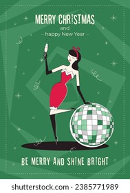 Merry Christmas and happy New Year greeting card. 60s-70s retro style poster with Christmas wishes text. Woman characters in red dress, holding champagne glass, with disco ball. svg