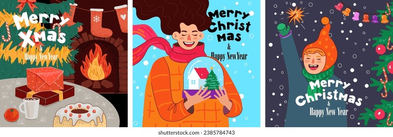 Merry Christmas and Happy New Year square banner set. Xmas cozy holiday eve greeting card. Winter family joyful celebration poster. Fireplace and festive spruce. Creative art drawing cover design. Eps