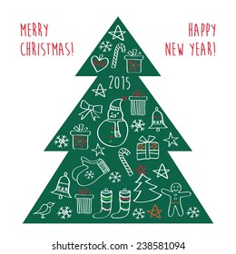 Merry Christmas. Happy New Year. Congratulations. Christmas tree with gifts and Christmas decorations. Hand drawing on the green background. Doodles, sketch, design elements. Vector.