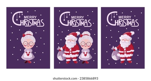 Merry Christmas and Happy New Year. Vector illustrations of Santa Claus and mrs Claus, handwritten lettering for postcard, card or invitation