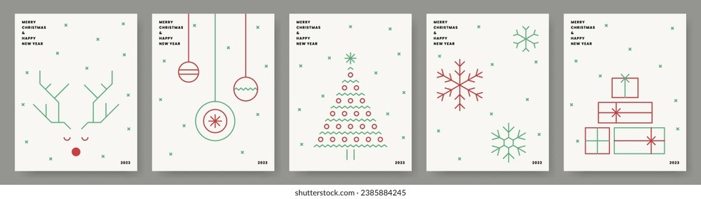 Merry Christmas, Happy New Year banner set. Greeting card, Holiday cover. Green red color xmas design, copy space. Tree, Ball, Gift, Reindeer, Snowflake element. Trendy style vector line illustration.