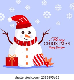 Merry Christmas  Happy New Year Poster Design with Cartoon Snowman Wear Santa Hat, Gift Box, Holly Berry, Bauble and Snowflakes Decorated on Pastel Blue Background.