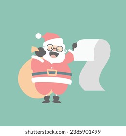 merry christmas and happy new year with cute santa claus holding christmas bag and wish list in the winter season, flat vector illustration cartoon character costume design