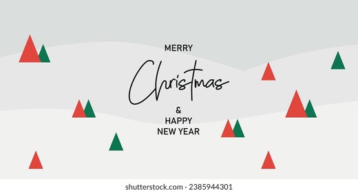 Feliz Navidad y Feliz Año Nuevo. Diseño geométrico moderno de moda de Navidad con paisaje de bosque invernal en colores verdes, rojos y blancos. Afiche horizontal, tarjeta de saludo, cabecera del sitio.