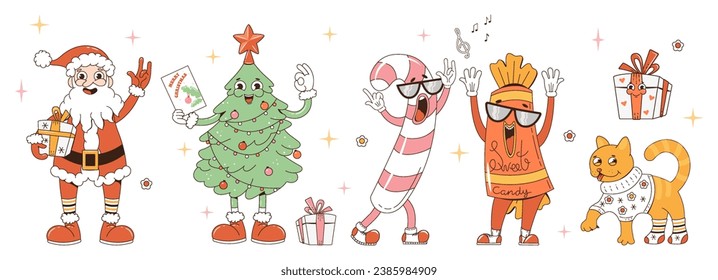 Merry Christmas and Happy New Year stickers. Santa Claus, gifts, Christmas tree, dancing sweet candies, funny cat in trendy groovy retro cartoon style. Set of stickers with cartoon characters 