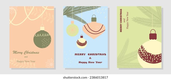  Merry Christmas and Happy New Year greeting card set. Minimal modern design for cards, banner, poster, cover, web, templates. Vector illustration