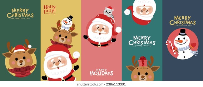 Feliz Navidad y feliz año nuevo con Santa Claus, hombre de nieve y ciervo. Caricatura de vacaciones en invierno. -Vector