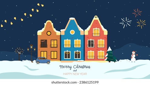 Merry Christmas and Happy New Year. Christmas winter city. Houses in snow, snowman, garland. Houses on the background of winter landscape. Flat style