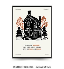 Merry Christmas and Happy New Year vertical flyer or poster template. Modern trendy Matisse minimal style. Hand drawn design for wallpaper, wall decor, print, postcard, cover, template, banner.