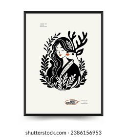 Merry Christmas and Happy New Year vertical flyer or poster template. Modern trendy Matisse minimal style. Hand drawn design for wallpaper, wall decor, print, postcard, cover, template, banner.