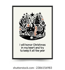 Merry Christmas and Happy New Year vertical flyer or poster template. Modern trendy Matisse minimal style. Hand drawn design for wallpaper, wall decor, print, postcard, cover, template, banner.