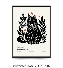 Merry Christmas and Happy New Year vertical flyer or poster template. Modern trendy Matisse minimal style. Hand drawn design for wallpaper, wall decor, print, postcard, cover, template, banner.