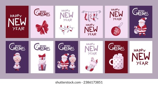 Merry Christmas and Happy New year postcard set. Santa Claus, mrs Claus, gifts, cocoa, socks, bow, ball, garland in trendy cartoon style. Sticker pack of cartoon characters and elements.