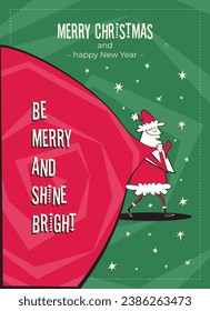 Merry Christmas and happy New Year greeting card. 60s-70s retro style poster with Christmas wishes text. Santa Claus character with large gift bag vector illustration.