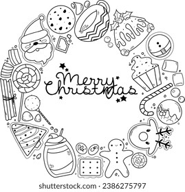 merry christmas and happy new year pack with different themed food includes cookies, sweets, cakes, cupcakes, candies, kakao, coffee, berries 