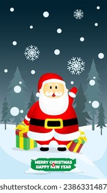 Merry Christmas and Happy New Year poster with Santa Claus standing among gift boxes in a snow field