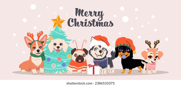 Merry Christmas and Happy New Year With Dogs Greeting Card Vector Illustration. Cute pets in Christmas costume