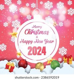 Merry Christmas and Happy New Year 2024 typographical on Pink background with Gold glitter texture. Vector illustration for golden shimmer background. Xmas card. Vector Illustration.