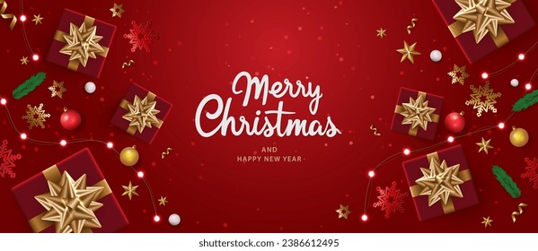 Merry Christmas and happy new year background. Christmas letters, Gift boxes, Christmas balls. Christmas element for web, banners, greeting card, template design. Vector EPS10.