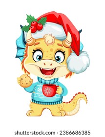 Merry Christmas and Happy New Year greeting card. Cute little dragon in Santa hat and with hot drink. Funny cartoon character. 2024 - year of the Dragon