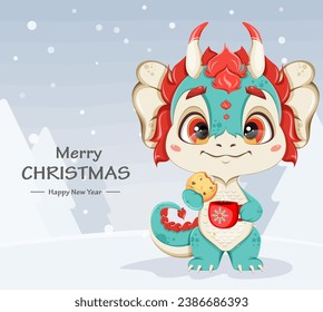 Merry Christmas and Happy New Year greeting card. Cute little dragon with a cup of tea. Funny cartoon character. 2024 - year of the Dragon. 