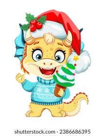 Merry Christmas and Happy New Year greeting card. Cute little dragon in Santa hat. Funny cartoon character. 2024 - year of the Dragon