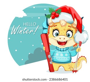 Merry Christmas and Happy New Year greeting card. Cute little dragon with skis. Funny cartoon character. 2024 - year of the Dragon
