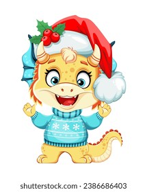 Merry Christmas and Happy New Year. Cute little dragon in Santa hat. Funny cartoon character. 2024 - year of the Dragon.