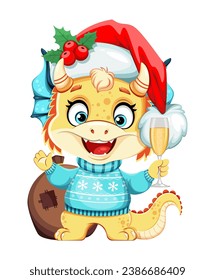 Merry Christmas and Happy New Year greeting card. Cute little dragon with sack of presents and a glass of champagne. 