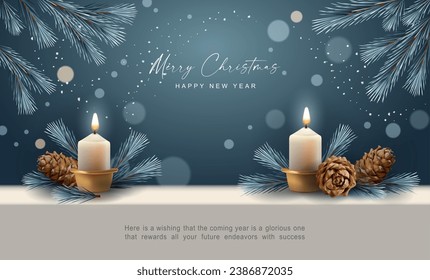 Merry Christmas and Happy New Year banner. Christmas composition of burning candle and the branches of the Christmas tree