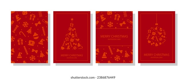 Feliz Navidad y Feliz Año Nuevo Juego de tarjetas de felicitación, afiches, portadas de fiestas. Diseño de Navidad con diferentes símbolos en estilo de arte moderno con fondo rojo. Árbol de Navidad, bola, marco de borde, decoración