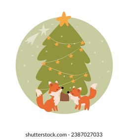 Merry Christmas and Happy New Year. Vector illustrations winter forest, frame and Christmas tree decoration for postcard, card or invitation