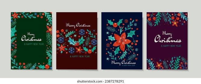 Merry Christmas and Happy New Year Set of watercolor backgrounds, greeting cards, posters, holiday covers.