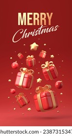 Merry Christmas and Happy New Year festive composition. Colorful Xmas background with realistic 3d trees and gift boxes. Vector illustration