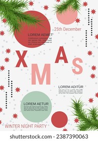 Merry Christmas and Happy New Year minimalistic style vector flyer template. Flat design illustration with winter style elements