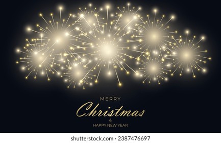 Merry christmas and happy new year festive background with fireworks and sparkle celebration lights. Vector illustration