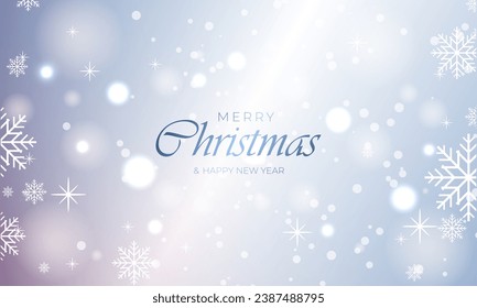 Merry christmas and happy new year purple and light blue festive background with bokeh lights and snowflakes. Celebration background template. Vector illustration