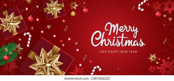 Merry Christmas and happy new year background. Christmas letters, Gift boxes, Christmas balls. Christmas element for web, banners, greeting card, template design. Vector EPS10.