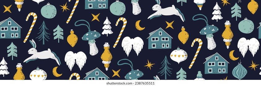  Merry Christmas and a happy new year. Christmas pattern. Christmas tree, balls, snowflakes, lollipop, star, moon, house, toy, wings, hare.