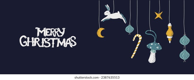 Merry Christmas and Happy New Year banner. Christmas design. Balls, snowflakes, lollipop, star, moon, hare, toy.