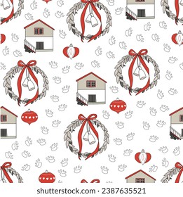  Merry Christmas and a happy new year. Christmas pattern. Christmas tree, balls, snowflakes, lollipop, star, moon, house, toy, wings, hare.