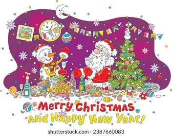 Merry Christmas and happy New Year card with funny Santa Claus and Snowman at the holiday table among wine bottles and festive meal at a fun and noisy winter party, vector cartoon illustration