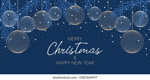 Merry Christmas and Happy new year card with decoration hanging balls, fir tree branches, snowflakes. Vector illustration