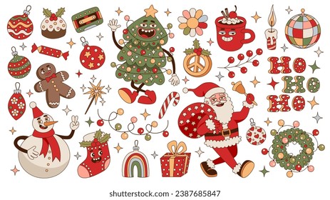 Merry Christmas and Happy New Year groovy hippie stickers. Funny retro cartoon characters set. Santa Claus, christmas tree, wreath, gift, snowman, garlands, toys, peace sign. Trendy 60s-70s style