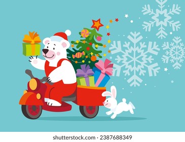 Merry Christmas and happy new year greeting card with cute polar bear in Santa Claus costume riding  motorcycle. Winter cartoon character. Vector holiday flat illustration