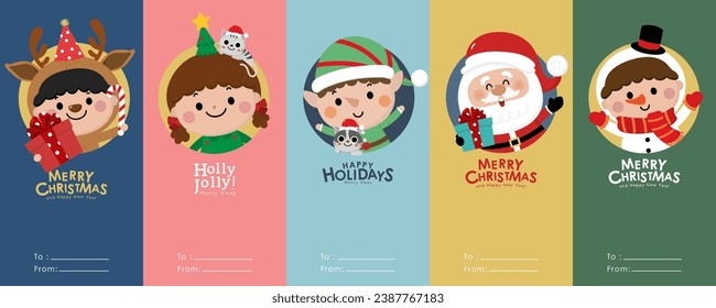 Merry Christmas and happy new year greeting tag card with Santa Claus, cute kids in snowman, xmas tree, deer and elf costume. Holiday cartoon character in winter season. -Vector