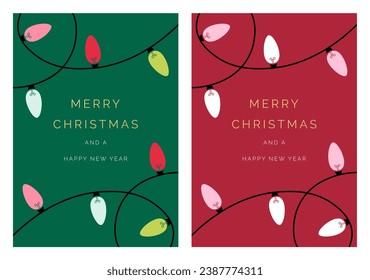 Merry Christmas and Happy New Year Set of greeting cards, holiday cover, invitation template. Modern Christmas lights string design with gold text. Festive vector template set for Christmas cards.